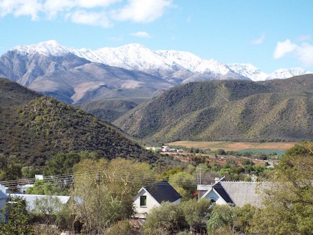 View of De Rust from above 5th Avenue looking towards "Ou Lokasie" and Meiringspoort showing the snow on the Swartberg on Sunday 9 September, 2018 View of De Rust from above 5th Avenue looking towards "Ou Lokasie" and Meiringspoort showing the snow on the Swartberg on Sunday 9 September, 2018